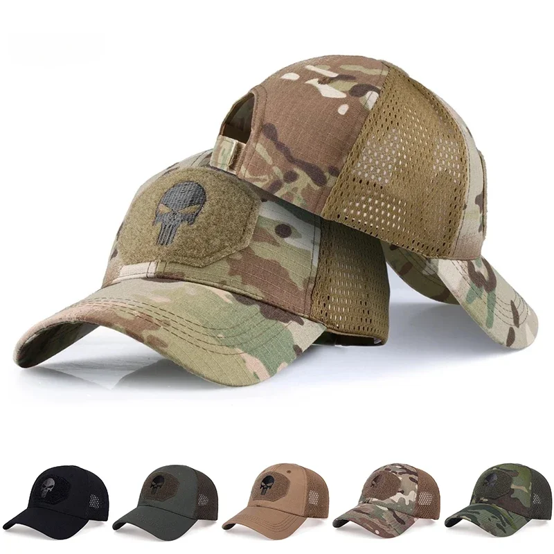 Bonés de beisebol táticos de caveira com selos camuflados masculinos para mulheres verão airsoft militar ao ar livre malha snapback boné viseira de