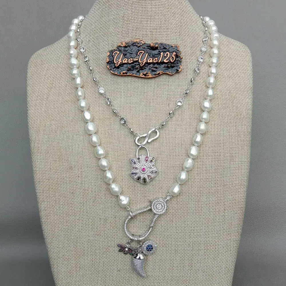 KKGEM 19''2Strands Link chain Cultured White Baroque Pearl Cz pave Drop bee lock Charm pendant statement Necklace view 6