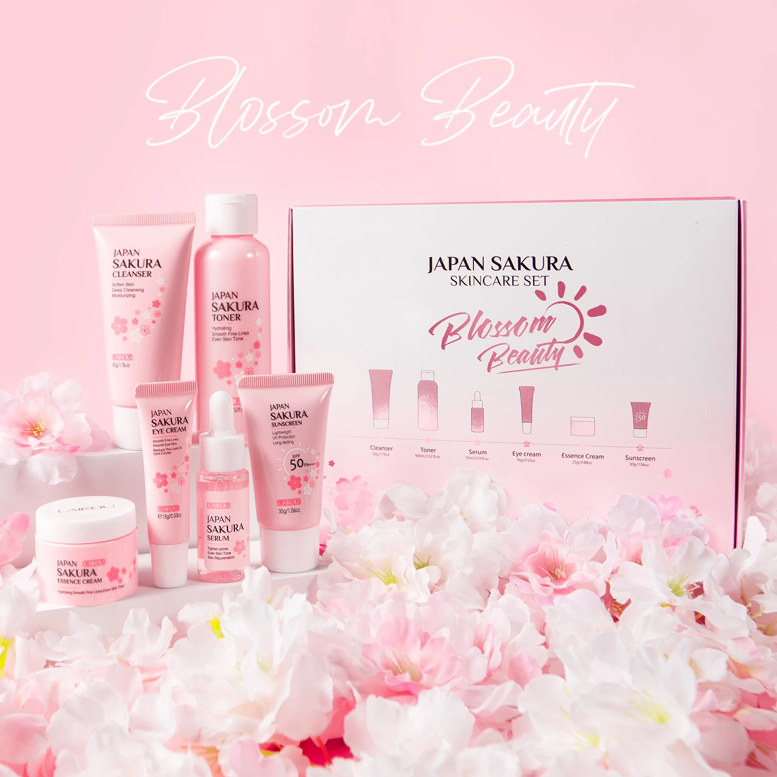 

LAIKOU Japan Sakura Набор для ухода за кожей 6 шт. Увлажняющий антивозрастной набор SPF Солнцезащитный крем Увлажняющий крем Рутинное осветление