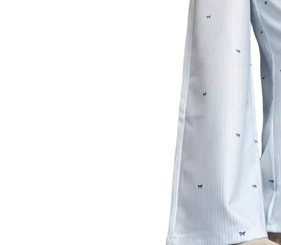 Women Pants Light Blue White Vertical Stripes Loose Straight Cut Long Trousers Bow Print Drawstring High Waist Wide Leg Pants Ca