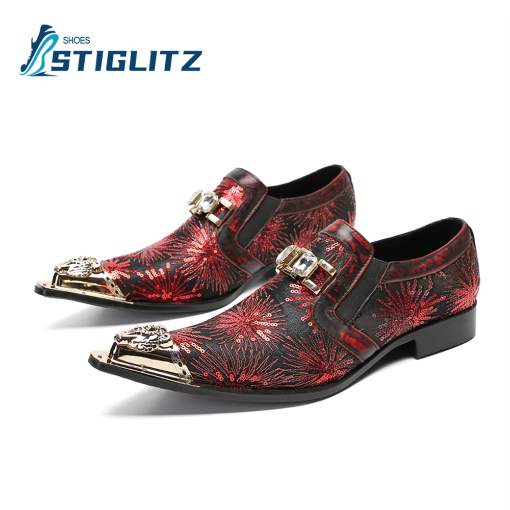 

Sequin Embroidery Craft Loafers Metal Point Toe Luxury Genuine Leather Shoes for Men Shallow Fashion Chelseas Men's Casual Shoes