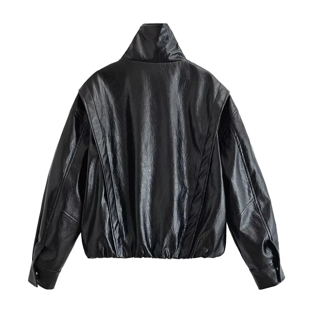 NINE ZAR Women's Black Shiny PU Leather Jacket Stand Collar Short Top 8490709 Fashionable Simulated Leather Outerwear