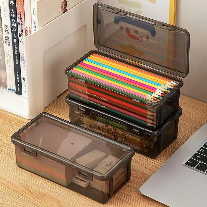 Schwarzer Schreibtisch-Organizer, transparente Kunststoff-Aufbewahrungsbox mit Deckel für Stifte, Bleistifte, Marker, Schulbedarf und Büroorganisation
