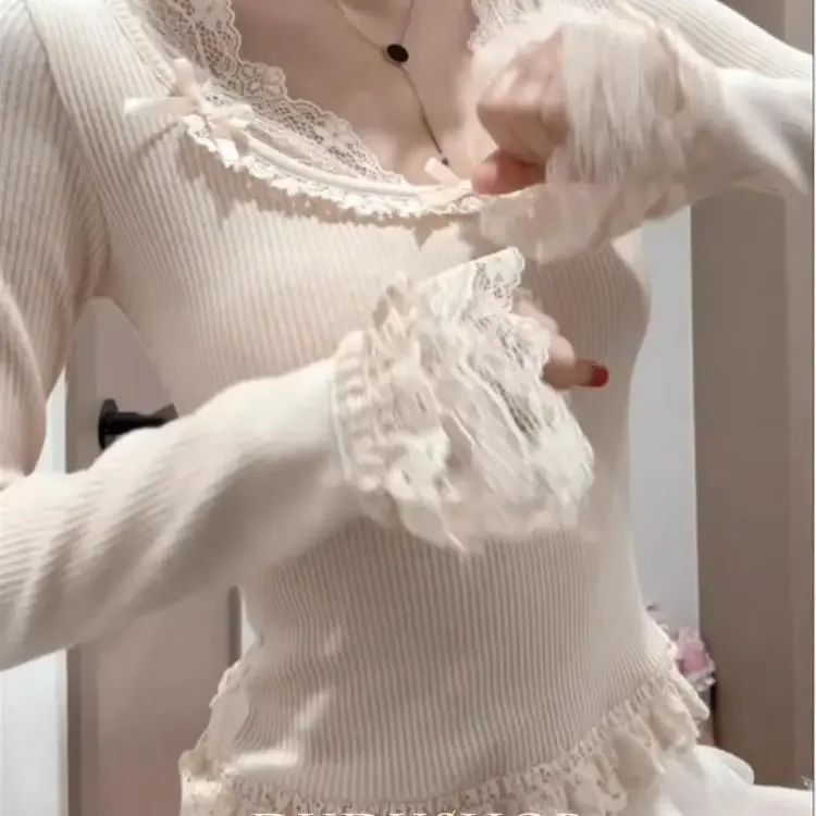 New Women's Lace Slim Fit Long Sleeve Top Butterfly Knot Base Layer Inner Wear Small Shirt Spring Autumn New Style