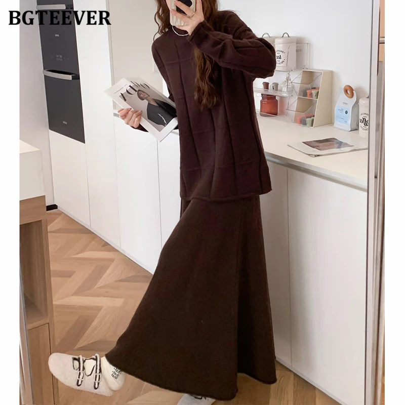 BGTEEVER Autumn Winter Fashion Loose Women Knitted Skirt Set Long Sleeve Turtleneck Sweaters Tops & High Waist A-line Skirts