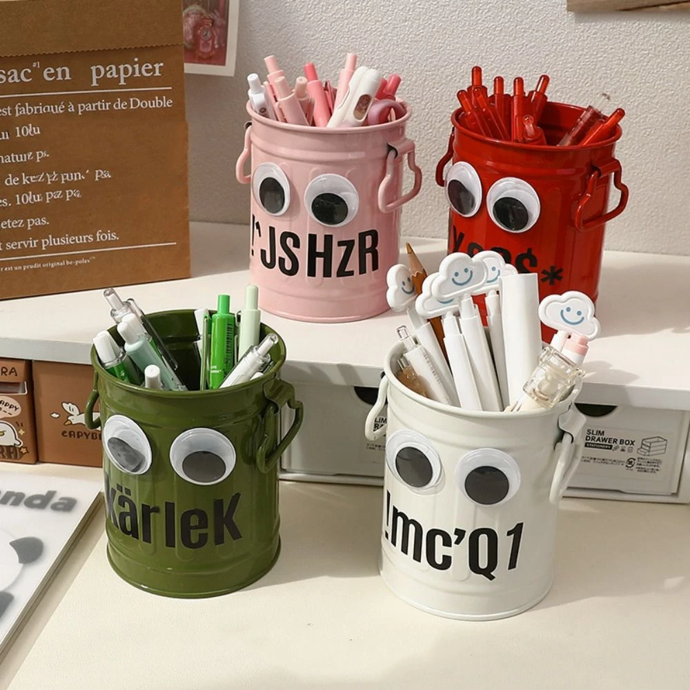 Durable Aesthetic Big Eyes Pen Holder Kawaii Cute Iron Pencil Holder Large-capacity Funny Storage Bucket Tabletop Storage
