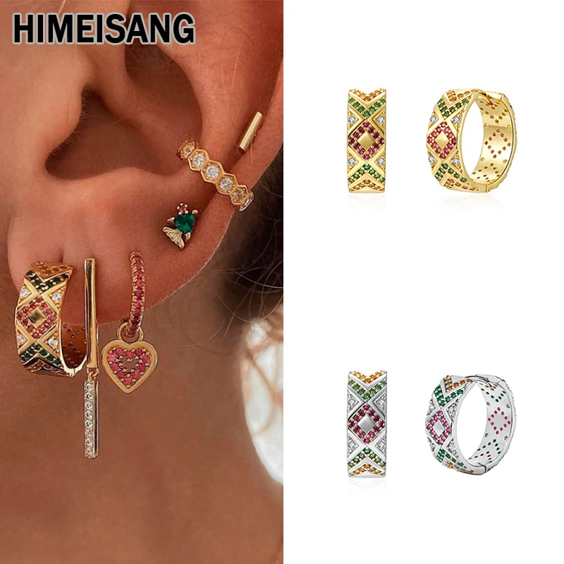 HIMEISANG Silver Gold Filled Hoop Earrings for Women Colorful CZ Zircon Piercing Women's Huggie Earrings Boho Jewelry Wholesale