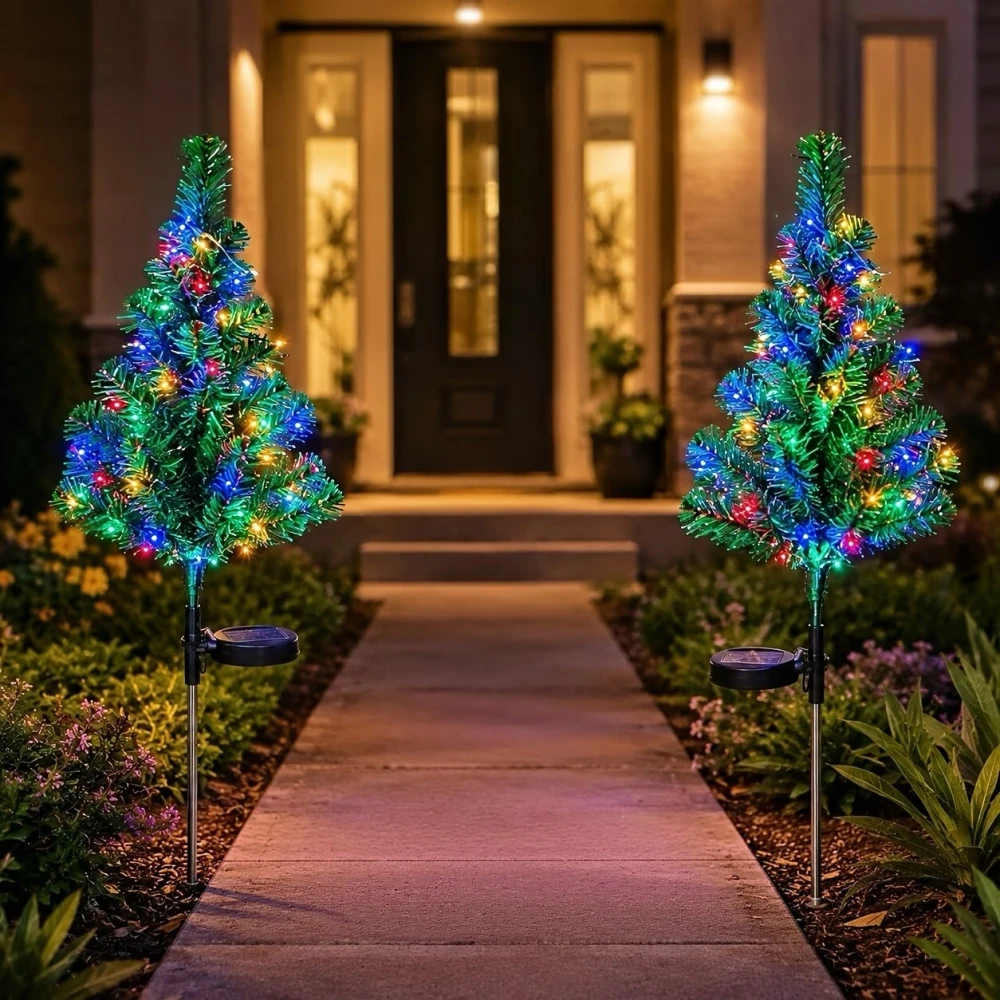 2PC Solar Led Christmas Tree Stake Light Round Solar Panel Outdoor Lawn Garden Decoration For Christmas New Year Festival