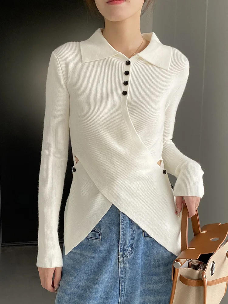 TWOTWINSTYLE Solid Minimalist Knitting Sweaters For Women Lapel Long Sleeve Patchwork Button Slimming Sweater Female Fashion New