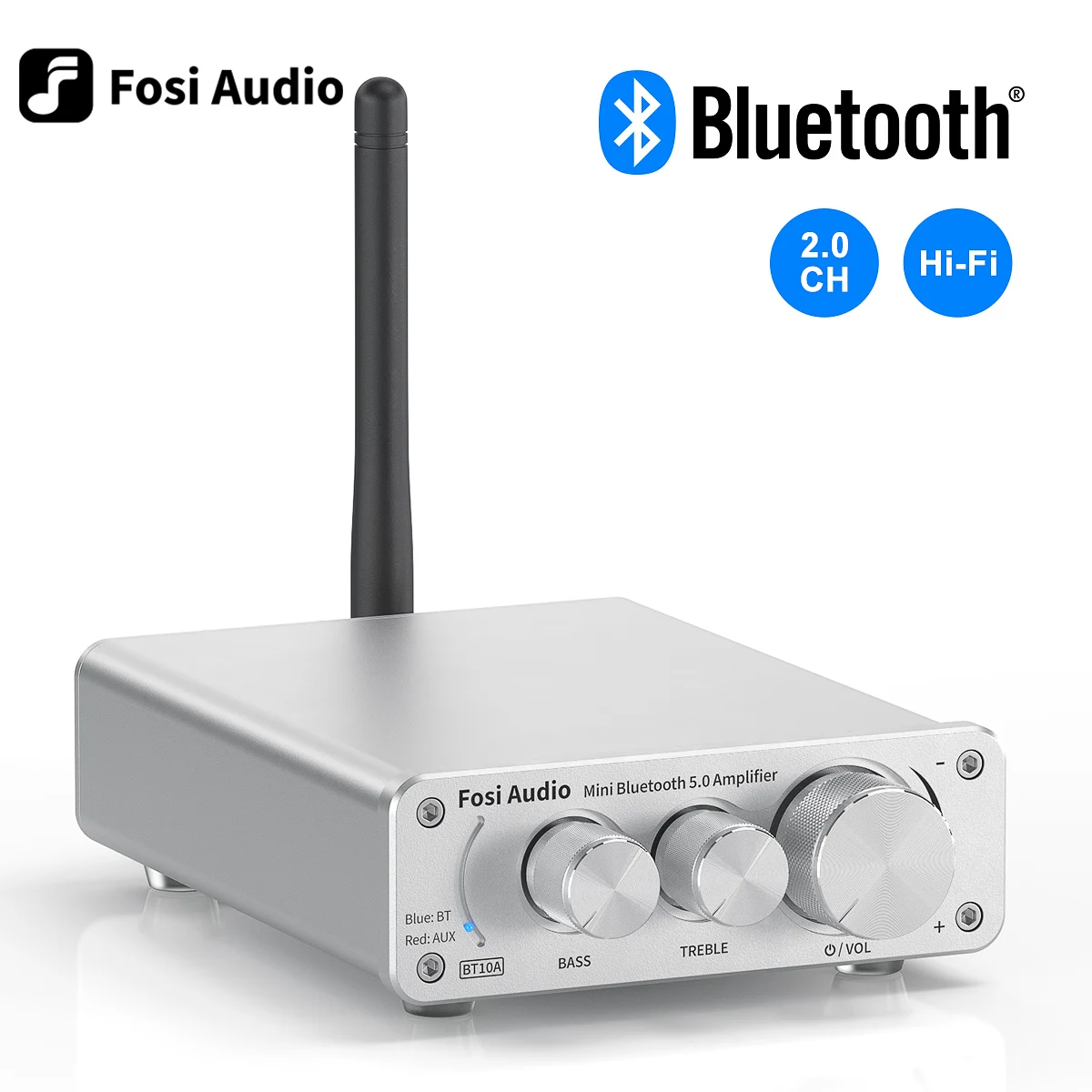 Fosi Audio BT10A Bluetooth 5.0 Stereo Amplifier Receiver Class D Mini HiFi Integrated Amp for Home Speakers 50W*2  Treble & Bass