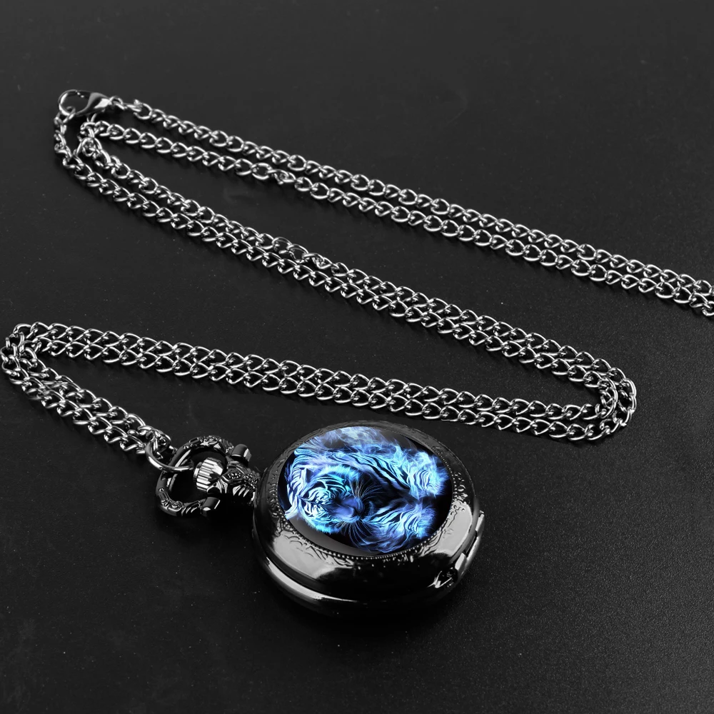 Reloj de bolsillo de cuarzo para hombre y mujer, pulsera con diseño de Tigre, cúpula de cristal, cadena duradera, esfera de números árabes, regalos creativos