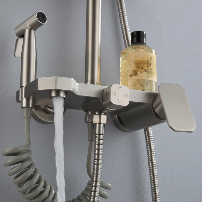 Brushed Bathroom Faucet Set Stainless Steel Multi-function Shower System  Cold and Hot Mixer Tap Lifting Top Spray