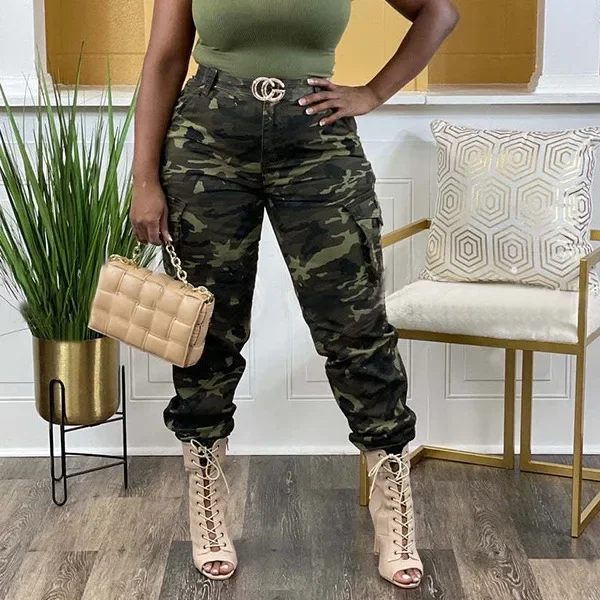 Women Cargo Pant Long Pants Slim Fit Sexy Print Camouflage Tight Waist Sheath Casual Regular Pockets Splice Trousers Summer