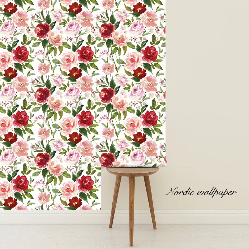 Watercolor Flower Removable Peel and Stick Wallpaper Floral Pink Red Self Adhesive Wallpaper Vinyl Film for Wall Decor