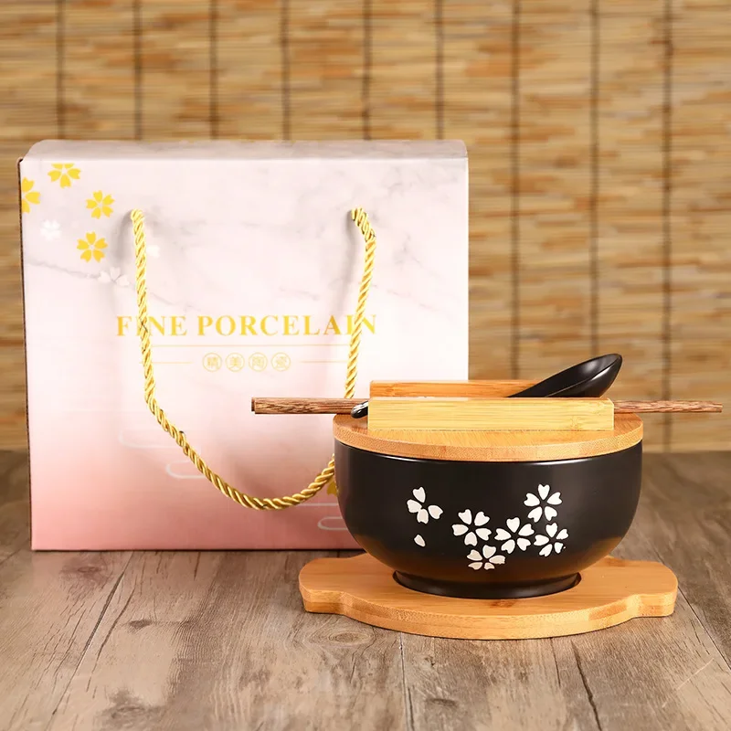 

Ceramic Japanese Rice Noodle Bowl with Lid Spoon Chopstick Kitchen Tableware Salad Soup Bowl Food Kitchen Accessories Bowl Set