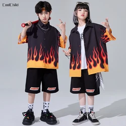 Boys Hip Hop Short Sleeved Flame Shirt Street Dance Cargo Shorts Girls Fire Blouse Children Summer Streetwear Kids Clothes Sets