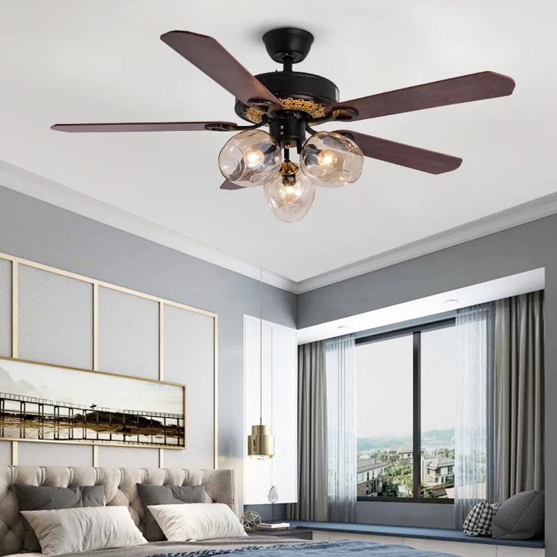 

American Retro Solid Wood Led Ceiling Fan Light Remote 5 Blades Ceiling Fan Ceiling Fan Residential With Light for Living Room