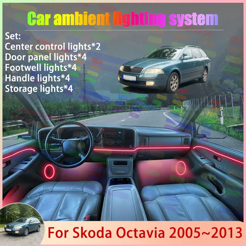 

Для Skoda Octavia 1Z 2005 ~ 2013 Laura Tour Scout 2/18 в 1, автомобильная атмосферная лампа, RGB абажур, ансамбль, стример, атмосферный набор