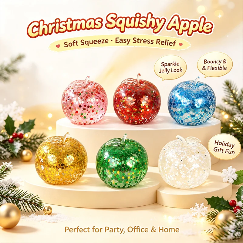 Glitter Apple Squishy Fidget Toy Soft Jelly Stress Relief Squeeze Ball Christmas Decor Office Party Home Gift