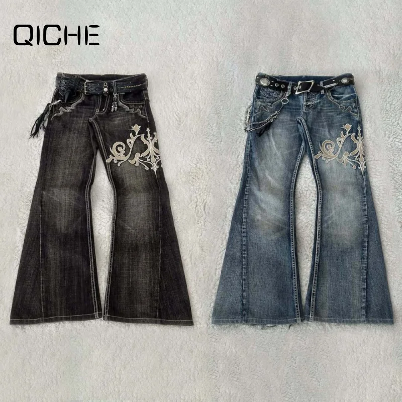 QICHE 2026 Men Women American Retro Y2K Tribal Spliced Embroidered Washed Jeans Trendy Street‑wear Casual Denim Long Pants