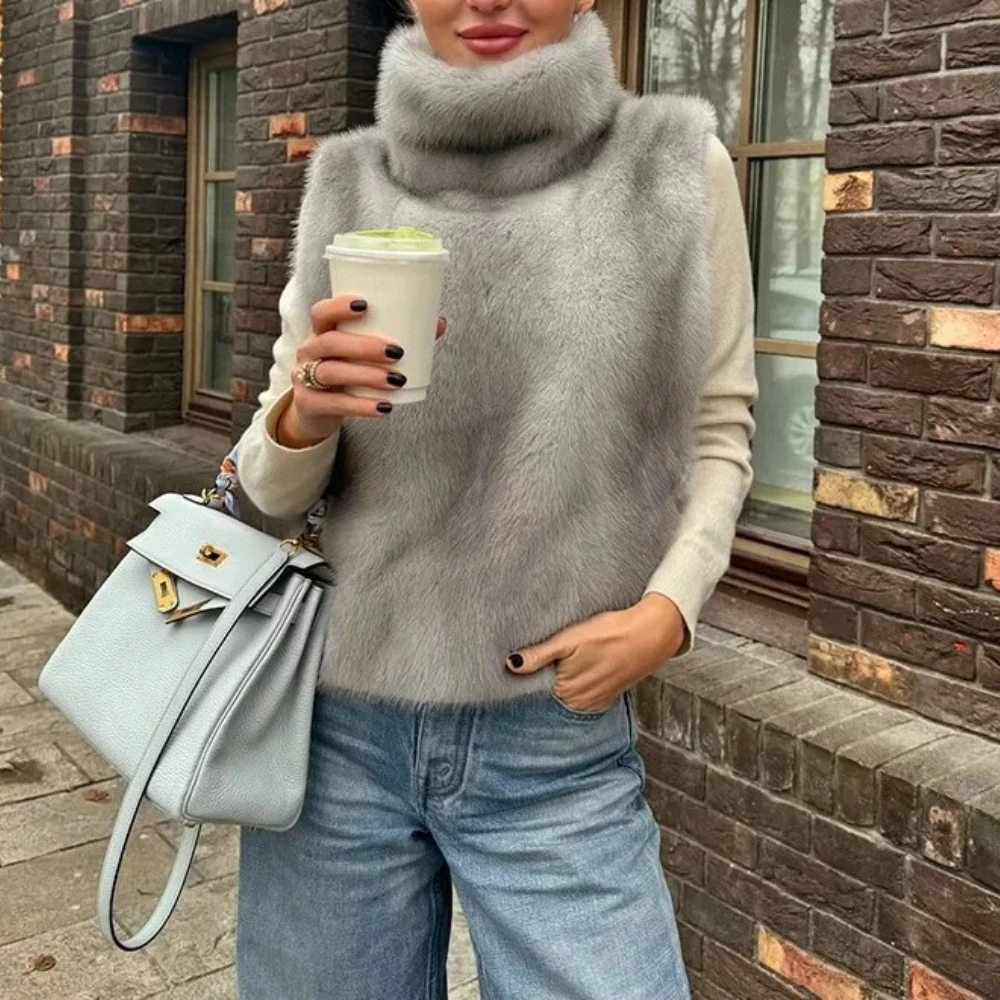 

Women Furry Faux Fur Vests 2025 Fall Winter Turtleneck Sleeveless Warm Casual Streetwear Jackets Tops Fashion Coat Outerwear