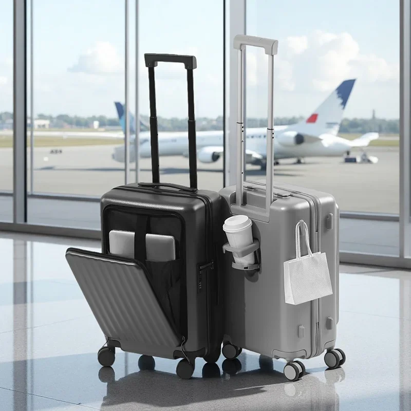 

20" Independent Front Suitcase ABS+PC Carry-on Luggage Foldable Cup Holder Universal Wheel Side Hook for Standing Travel Case