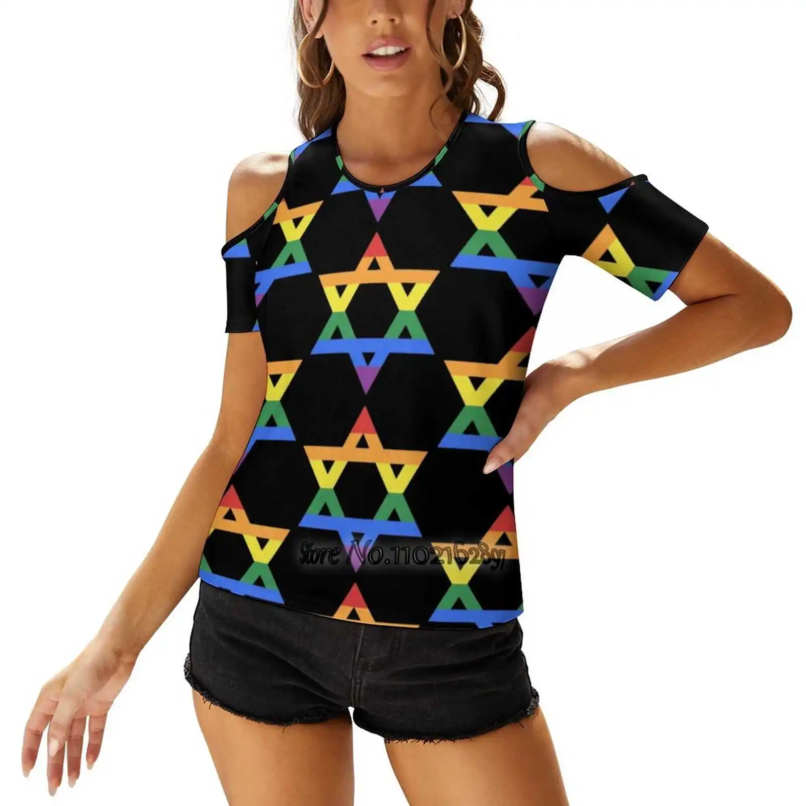 Rainbow Star Of David ( Dark ) Woman's T-Shirt Spring And Summer Printed T Shirts Pullover Top Star Of David Shield Of David