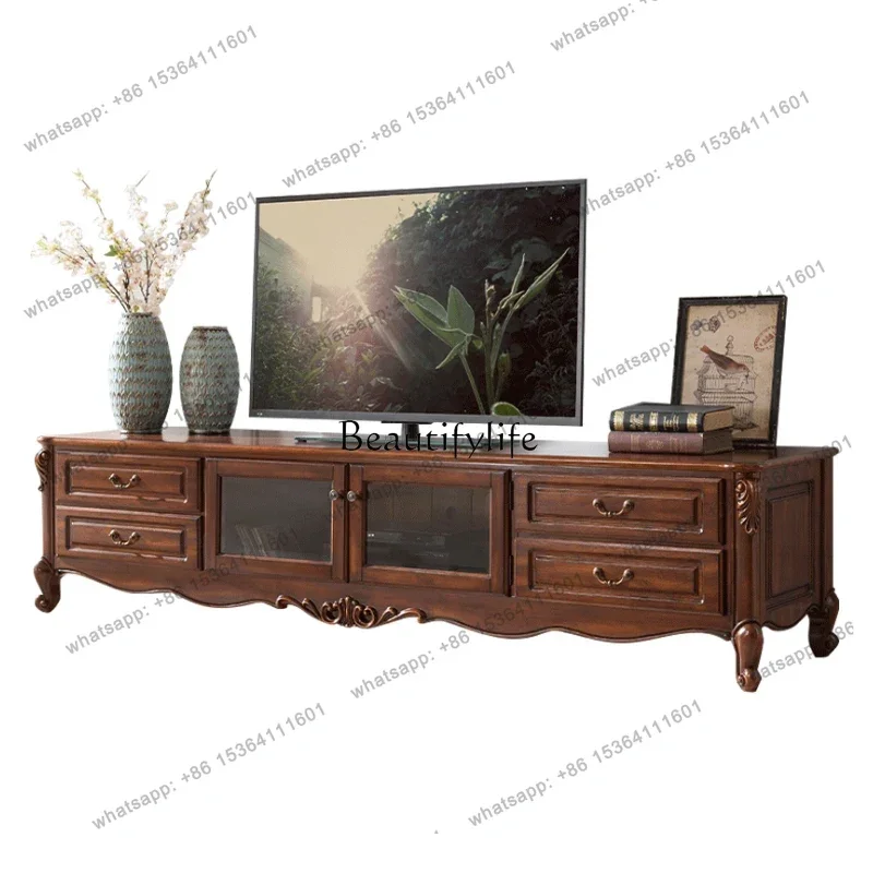 Factory DirectAmerican Style Solid Wood Living Room Floor Cabinet Retro TV Cabinet Dark Color
