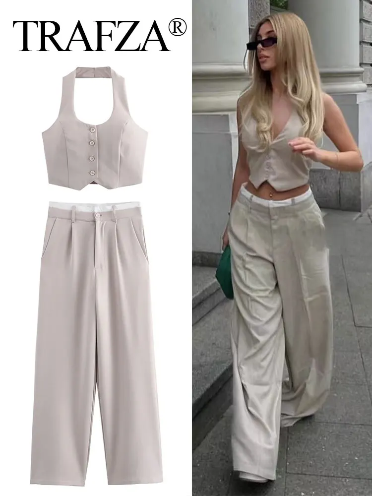 TRAFZA 2024 New Woman Solid Trousert Set Halter Neck Short Vest Top + High Waist Patchwork Commute Office Lady Women's Long Pant