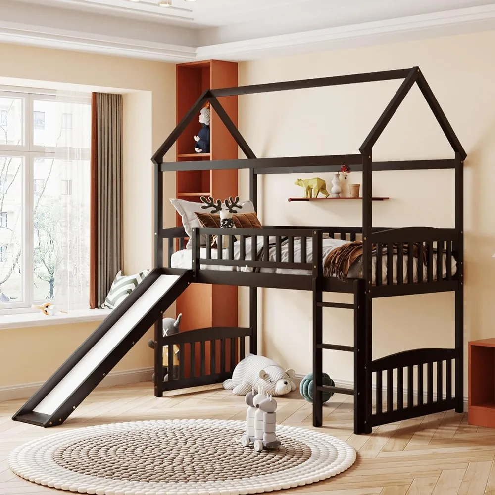 

Twin Size Loft Bed with Slide, House Shaped Solid Pine Wood Bed Frame w/Safety Guardrail & Ladder