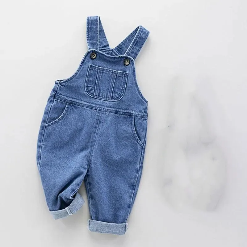 Baby Clothes Spring new Korean Style Loose Straight Denim Overalls Large Pocket High Waist Trousers Blue Versatile Denim Pants