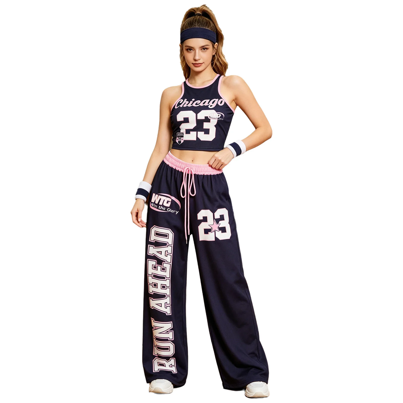 

Women Stylish Printed Tank Top Elastic Waistband Wide Leg Pants Sports Suit For Aerobics Hip Hop Fitness Daily Workout Training