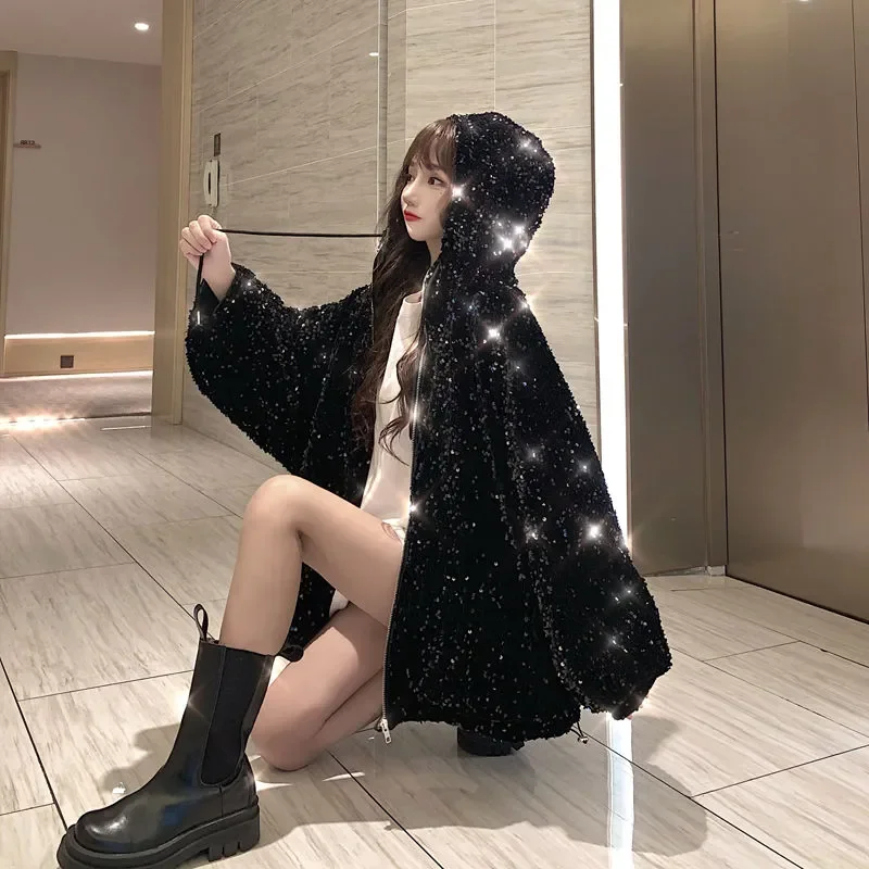 Autumn Winter Cotton Coat Women 2023 New Fashion Loose Thicken Jacket Sequins Hooded Zipper Pocket Frenulum Outerwear Female