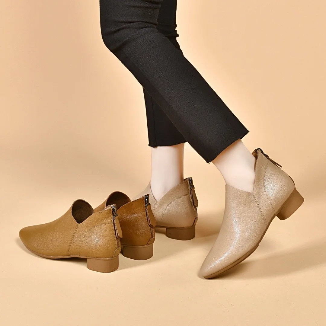

Women's shoes 2026 Spring and Autumn deep mouth short boots women's back zipper Spring and Autumn leather shoes