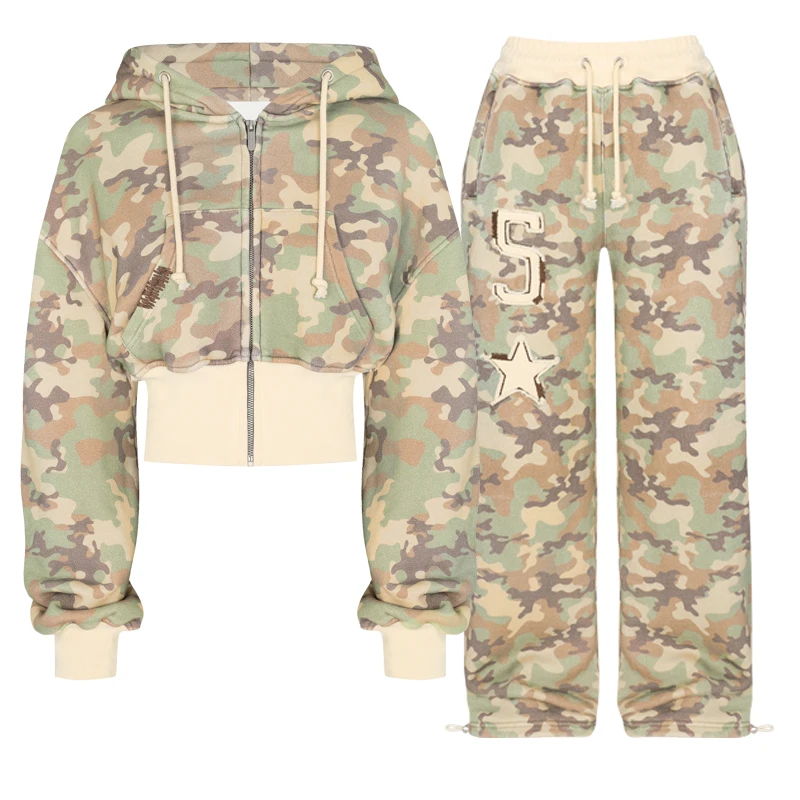 Y2k fashion Camo embroidered hoodie zipper sweatshirt and pants Autumn Winter Women's pants hoodie zipper sweatshirt set Emo