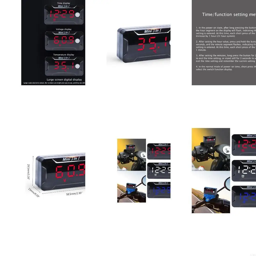 

37ME Universal 3-In-1 Motorcycle Electronic Clock Thermometer Voltmeter Dust-proof LED Watch Digital Display for DC 8V-72V