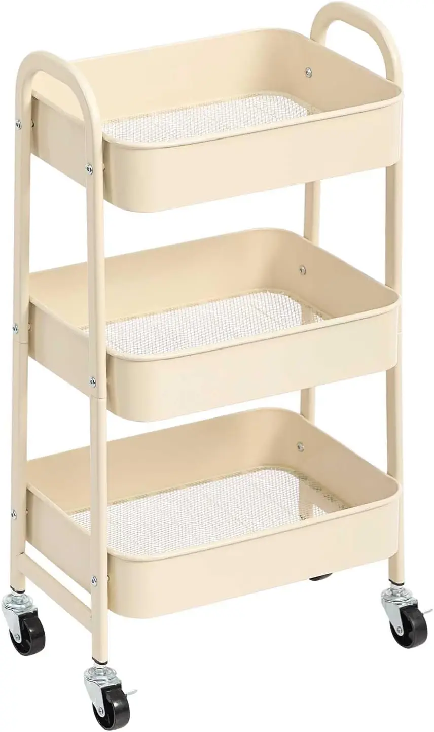Movable 3-Tier Rolling Makeup Cart, Metal Utility Organizer in Beige for Easy Storage