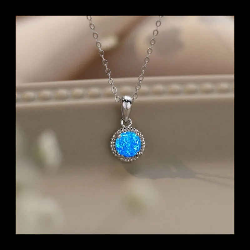 قلادة بتصميم بسيط وشعبي S925 من الفضة المستديرة الكلاسيكية الإبداعية على شكل أوبال أزرق قلادة نسائية #1