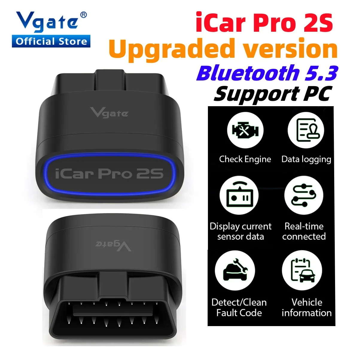 Vgate iCar Pro 2S ELM327 Bluetooth 5.3 pour Android/IOS/PC, outil de diagnostic de voiture OBD2, ELM 327, EAU automatique OBD 2 V2.3 amélioré,