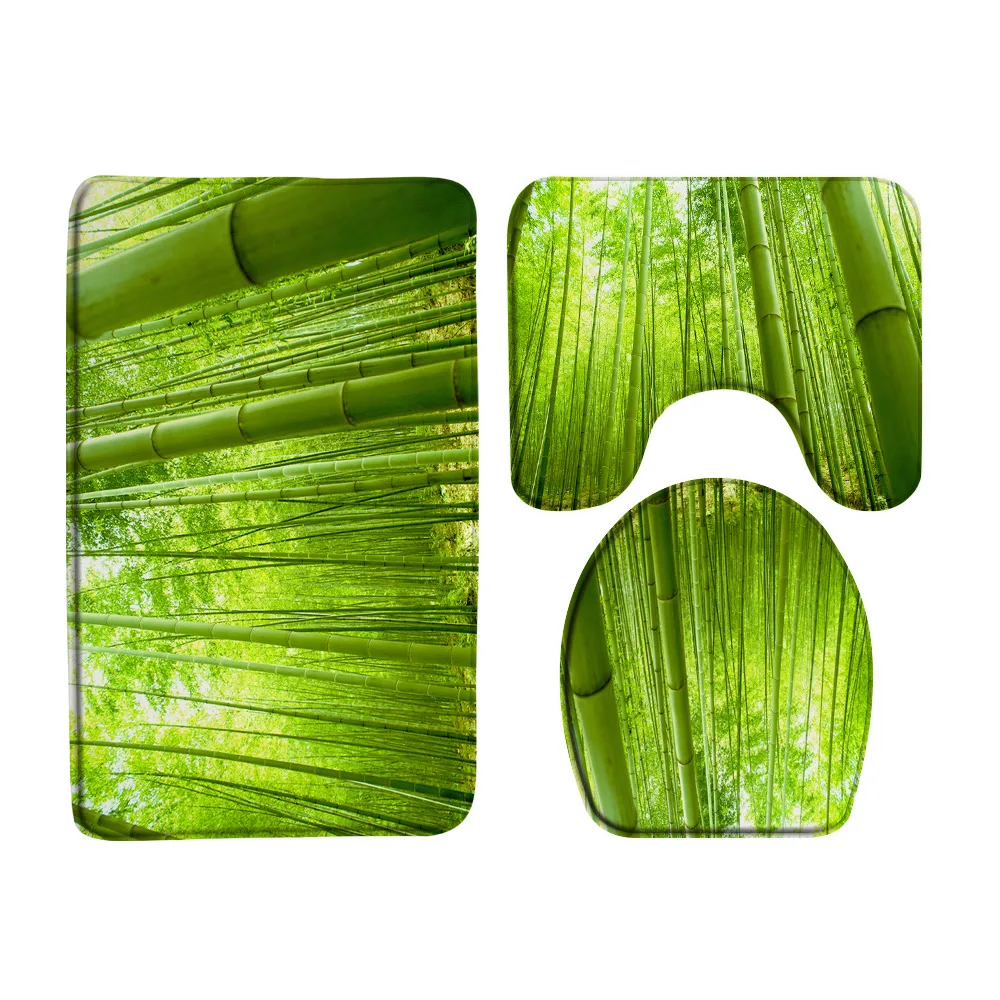 

Green Bamboo Forest Landscape Bathroom Rug Sets Non-Slip Natural Scenery Plant Bath Mats Carpet Toilet Lid Cover Floor Doormat