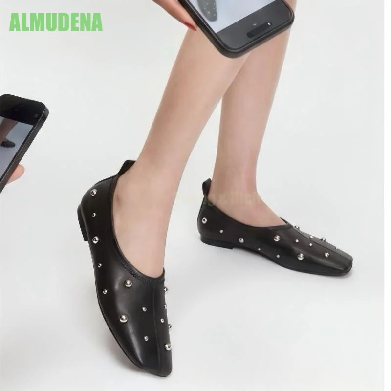 Women Metal Stud Decor Flat Slip On Flats Soft Smooth Leather Square Toe Pull Tab Rear Low Flat Sole Punk Minimal Daily Footwear