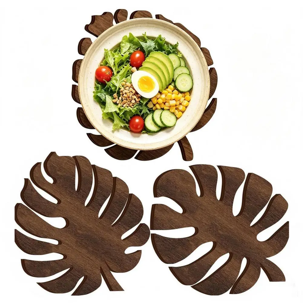 Coffee Table Protection 3pcs Monstera Leaf Wooden Coasters Set Boho Style Heat Resistant Table Mats for Kitchen for Mugs
