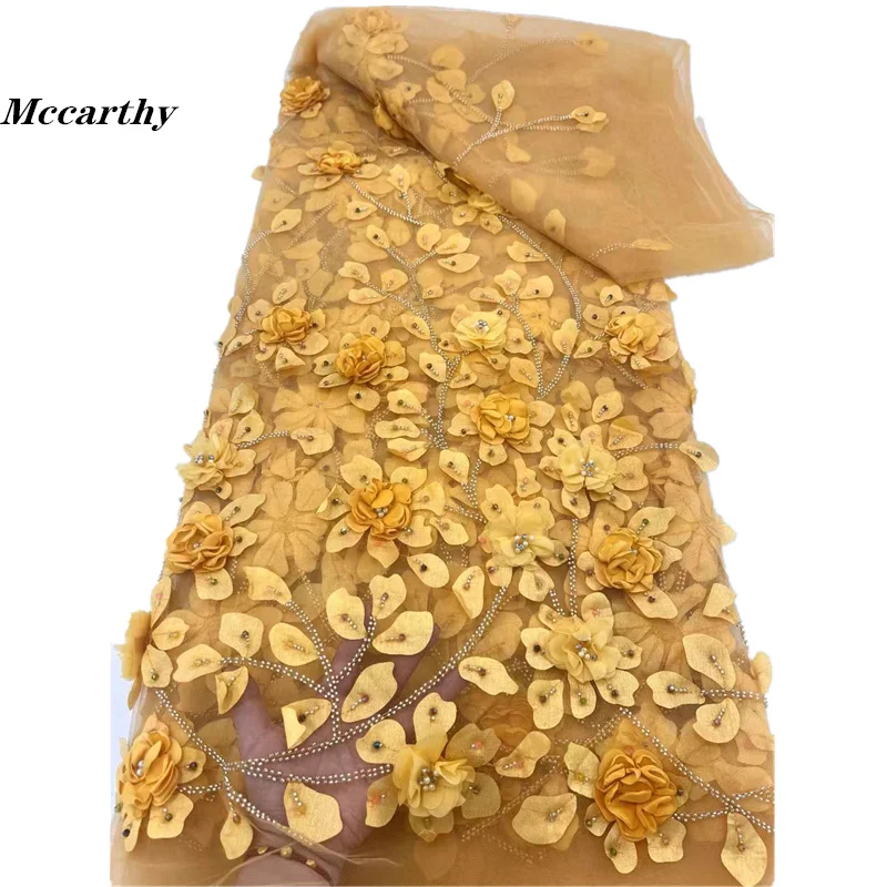 

Mccarthy Yellow 3D Beads Lace Fabric 2024 High Quality Mesh Embroidery Applique 3D Flower Tulle Nigerian Lace Fabrics For Brida