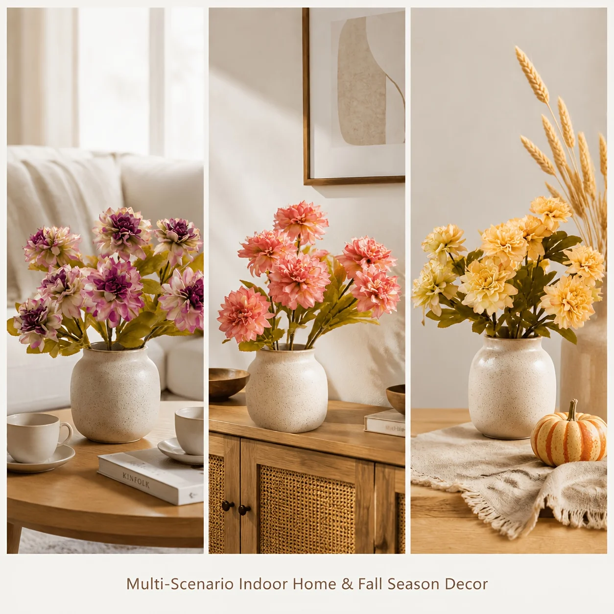 3 Pieces of Randomly Colored Dahlia Flowers (Excluding Vase), 2-Headed Roasted-Edge Dahlia Flowers, Purple, Yellow, and Deep Pink Artificial Flowers, Autumn Decorative Fake Flowers, Vase Flower Arrangements, Home Artificial Flowers, Halloween and Christmas Gifts