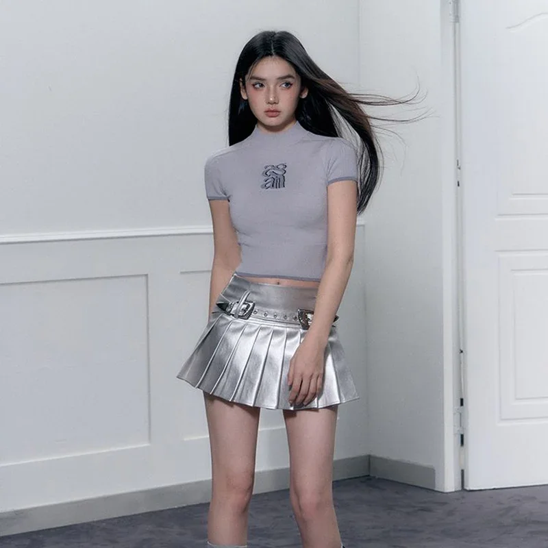 Pu Leather Silver Pleated Skirts Fashion Women Summer with Belt High Waist Mini Skirt Woman Harajuku A Line Short Skirts