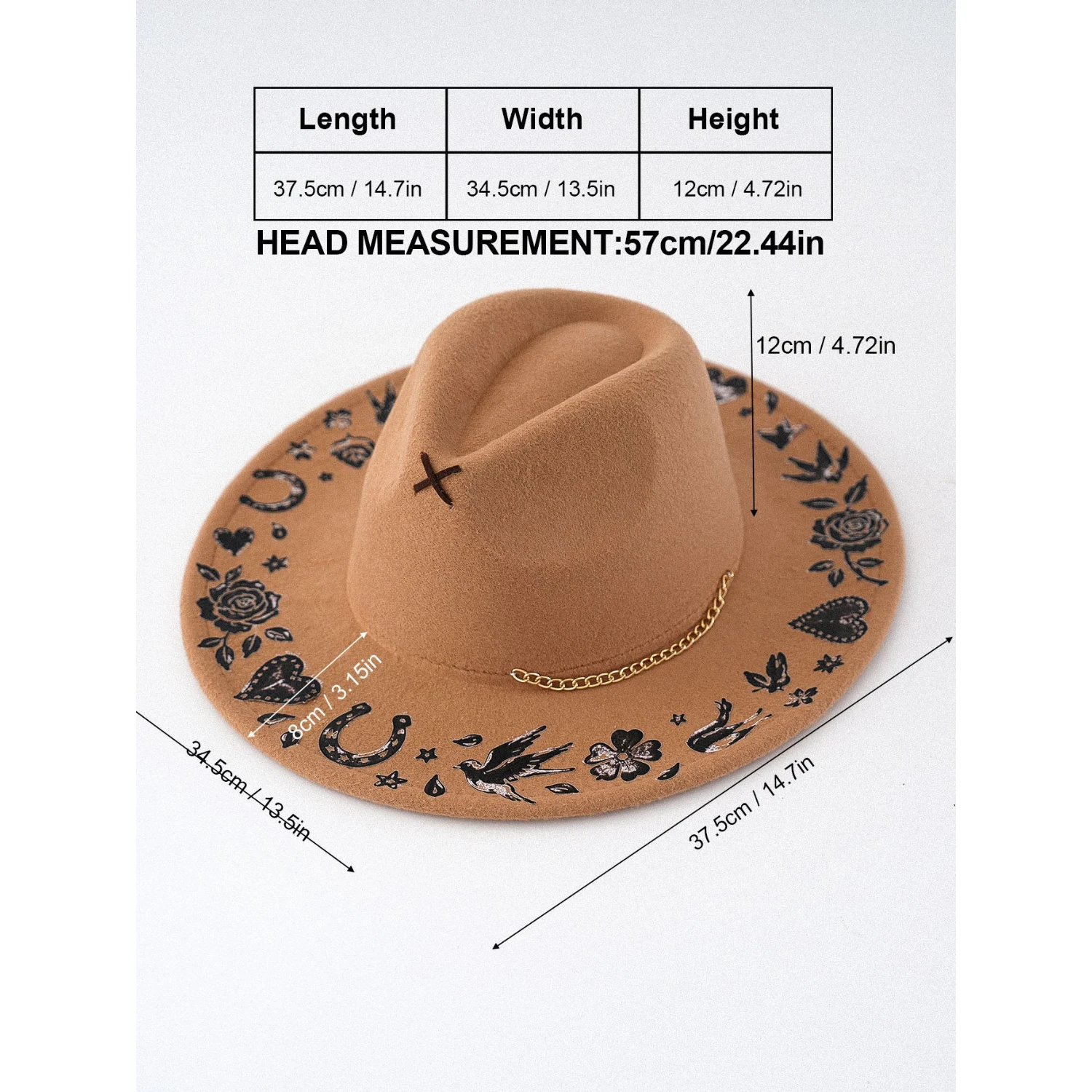 Vintage Camel Fedora Hat for Women Faux Felt Polyester Wide Brim Jazz Caps with Tattoo Graffiti Print Rose Bird Heart Gold Chain