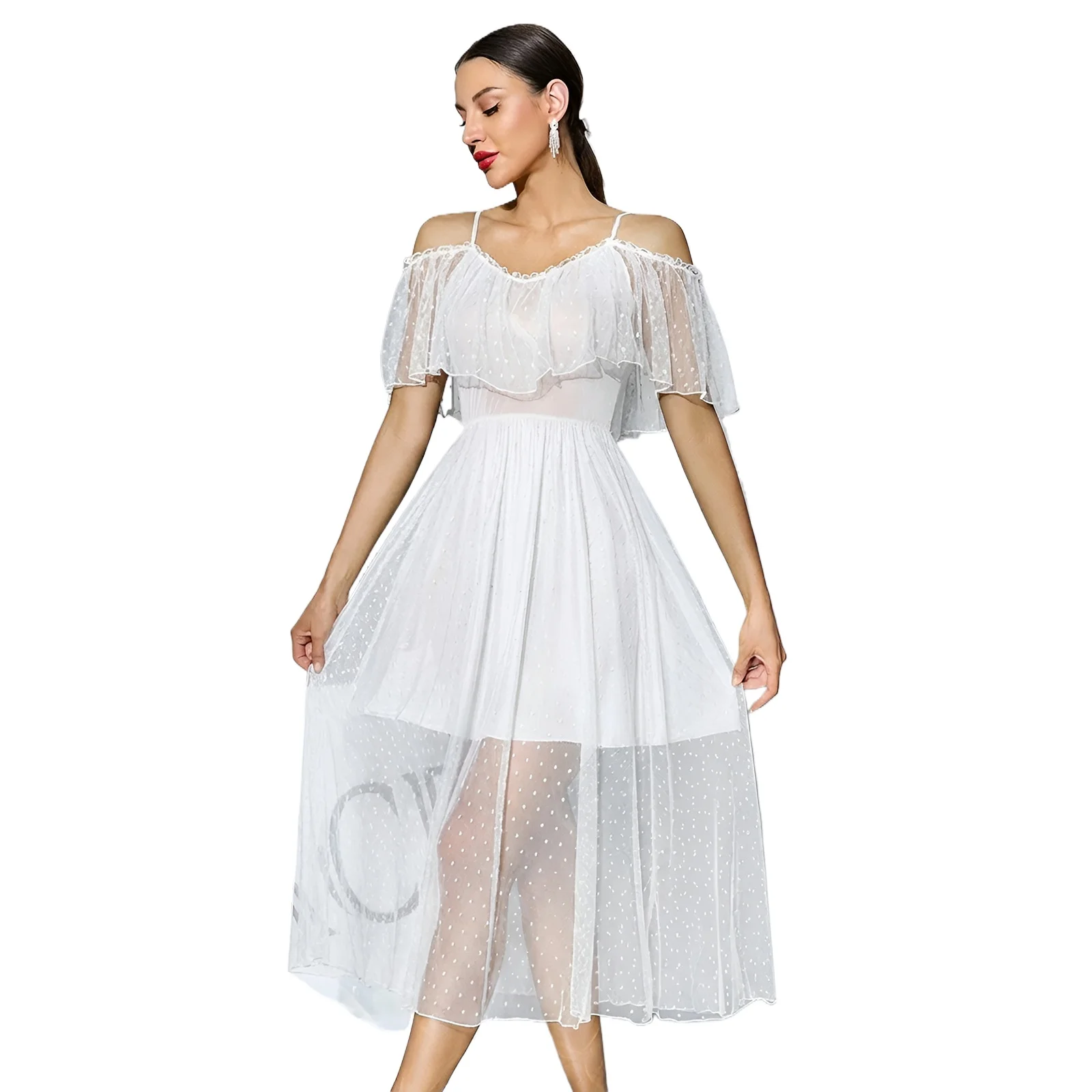 Perspective Nightdress, Thin Suspenders, Multi-layer Ruffle Edge Medium and Long Skirt, Multi-color Women's Loungewear Cw58440