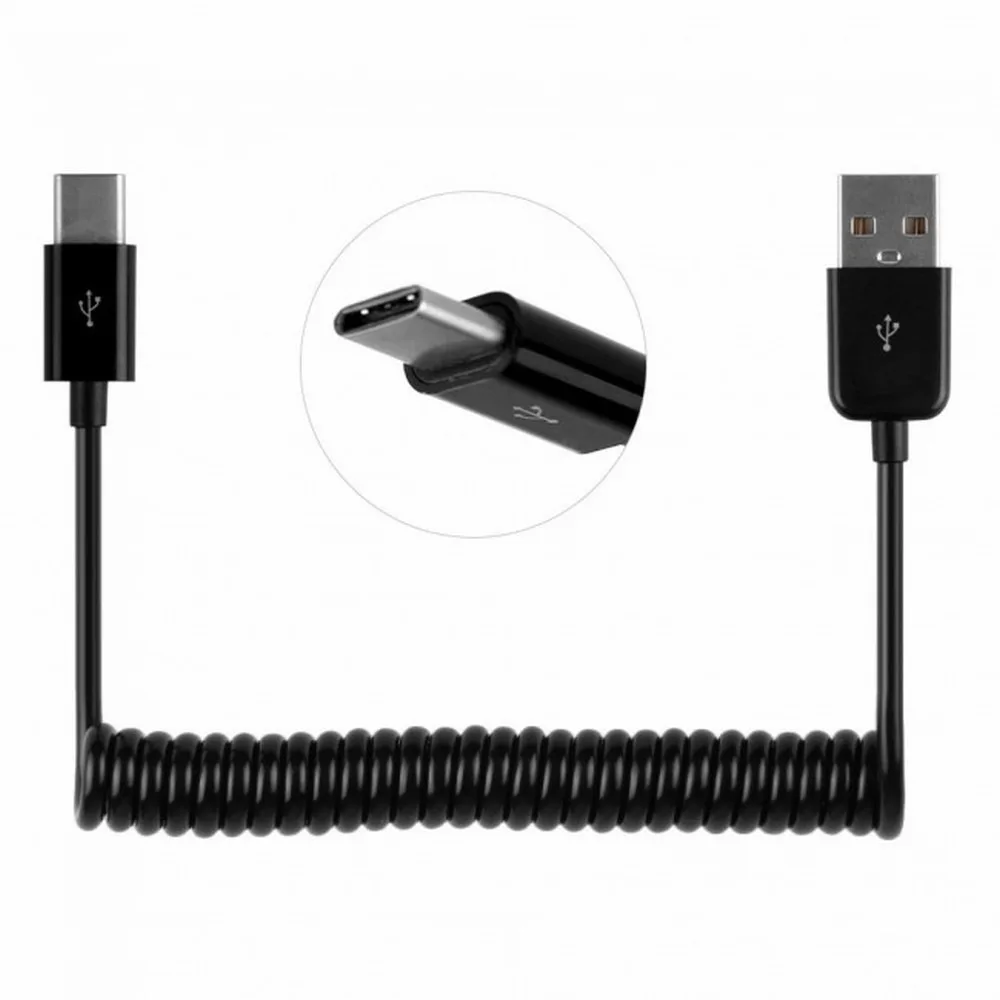 Cable en espiral con resorte de USB-C, Cable de datos macho tipo C A macho estándar USB 3,1 A, para tableta y teléfono móvil, USB-C 2,0