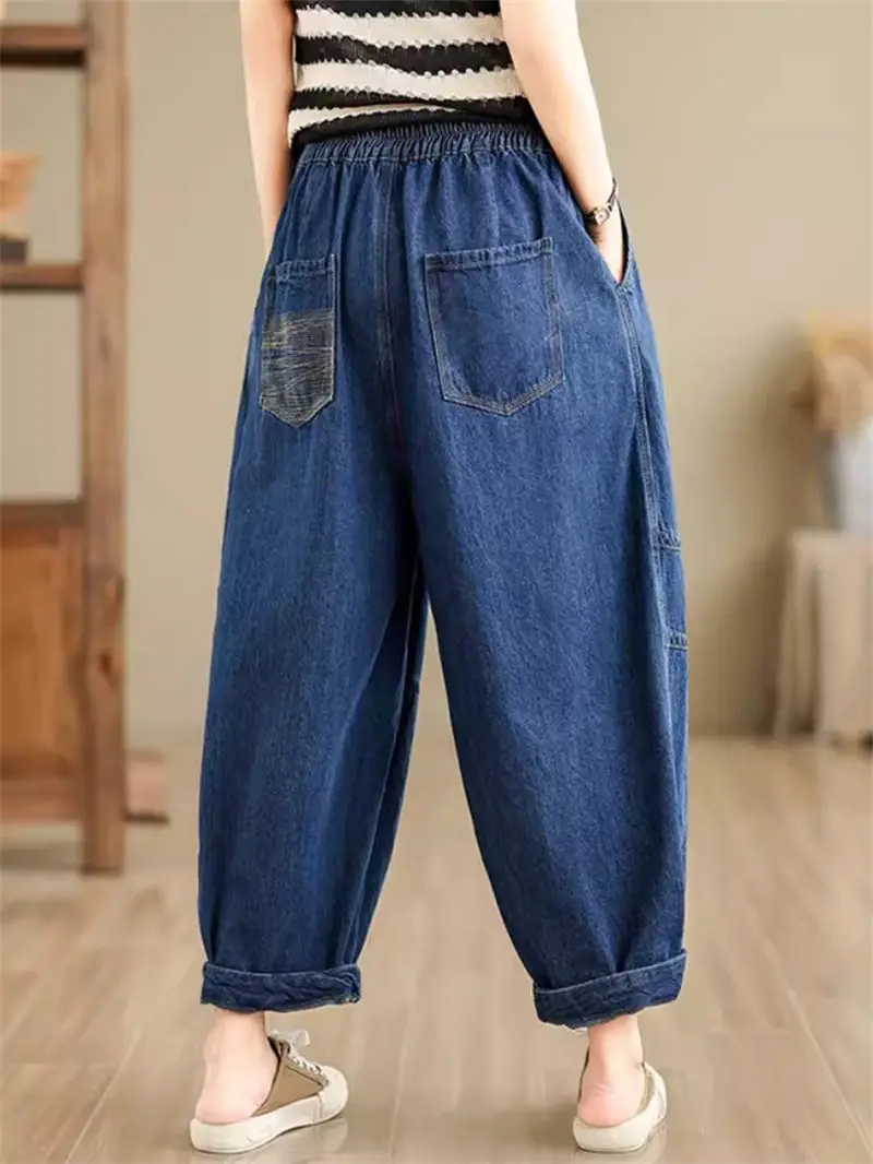 Retro Jeans For Women 2024 Summer Elastic Waist Wide Legs Loose Cropped Radish Pants Casual Denim Trousers K506