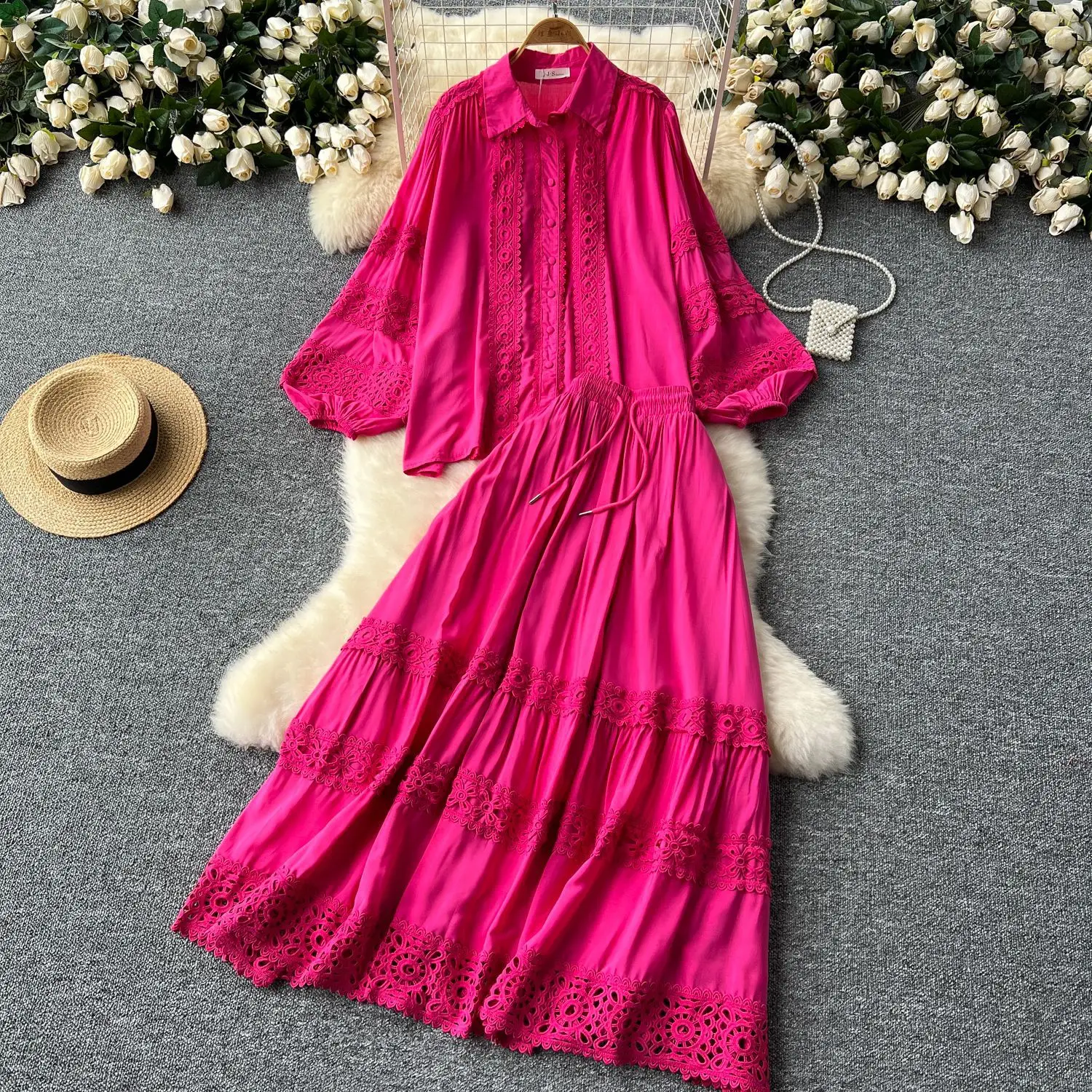 Women Two Piece Sets Skirt Set Lantern Sleeve Turn Down Collar Tops Long Skirts A Line Lace Hollow Out High Waist Elegant Work - view 3